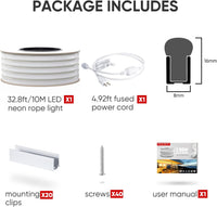 SLN06 Dotless Neon LED Strip Light 110-130V 8mm (W) x 16mm (H) IP65 Outdoor Rated Dimmable High Voltage Silicone Strip Light with Mounting Clips, Screws with Power Cable