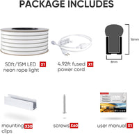 SLN06 Dotless Neon LED Strip Light 110-130V 8mm (W) x 16mm (H) IP65 Outdoor Rated Dimmable High Voltage Silicone Strip Light with Mounting Clips, Screws with Power Cable