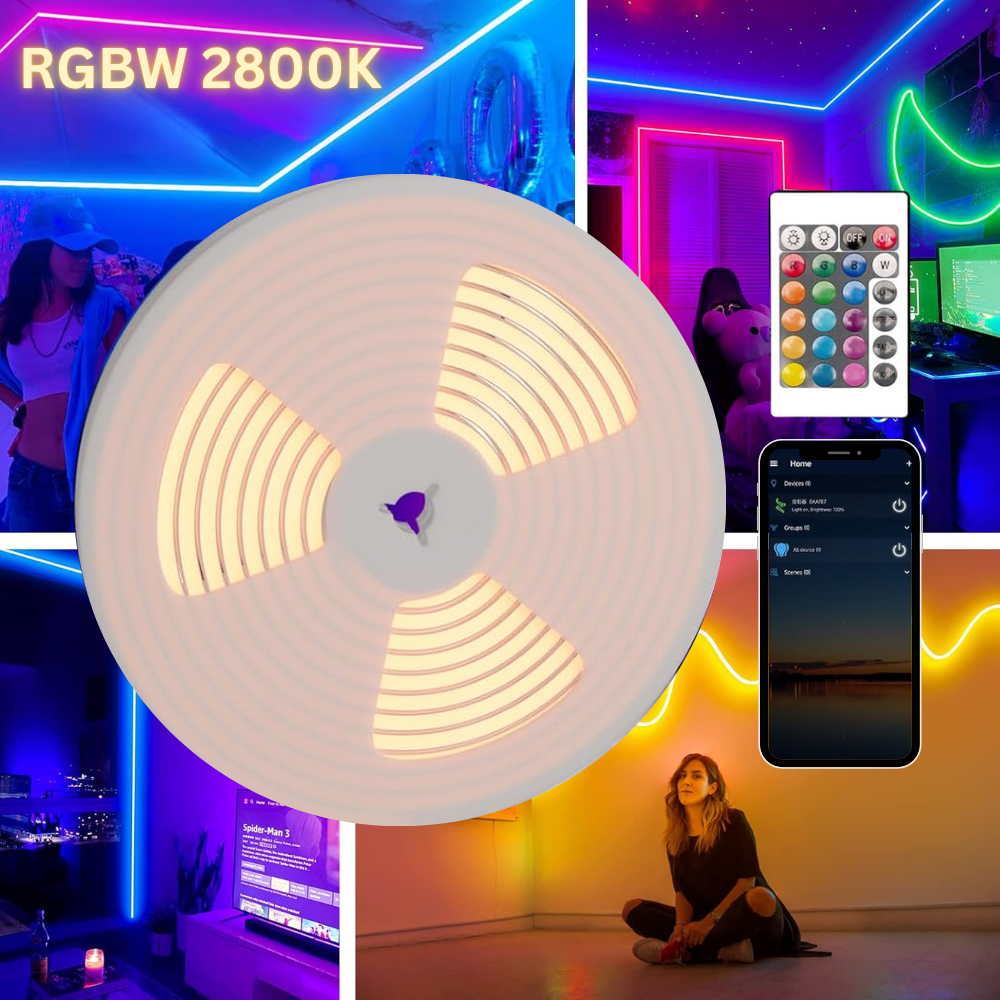 SLNR15 Dotless Neon RGB + Warm White 2800K or Cool White 6000K LED Strip Light Remote and Wi-Fi App Control DC24V IP65 Outdoor Rated Dimmable Silicone Strip Light Screws, Mounting Clips, End Cap, Screws, Remote Control and Controller with Power Cable