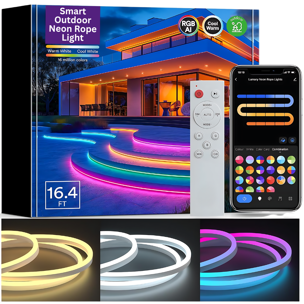 SLNR06 Dotless COB Smart Wi-Fi RGBAICW 1.45W/ft Neon LED Strip Light DC24V IP65 Outdoor Rated Dimmable Low Voltage Silicone Strip Light with Mounting Clips, Screws, Power Adapter and Remote Control