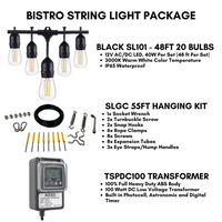 SL101 LED Low Voltage Bistro String Lights 48 FT Outdoor Weatherproof 12V Edison Bulbs with 100W DC Transformer and 55ft Hanging Kit Package Deal