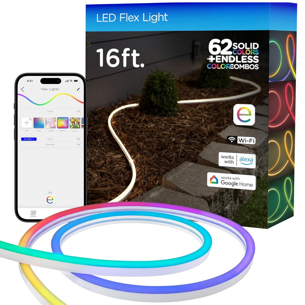 Outdoor Landscape Lighting LED 12V Low Voltage SLNR07 Dotless COB Smart Wi-Fi RGB Neon LED Strip Light 120V IP67 Outdoor Rated Dimmable High Voltage Silicone Strip Light with Mounting Clips, Screws, Power Adapter and Remote Control 16ft