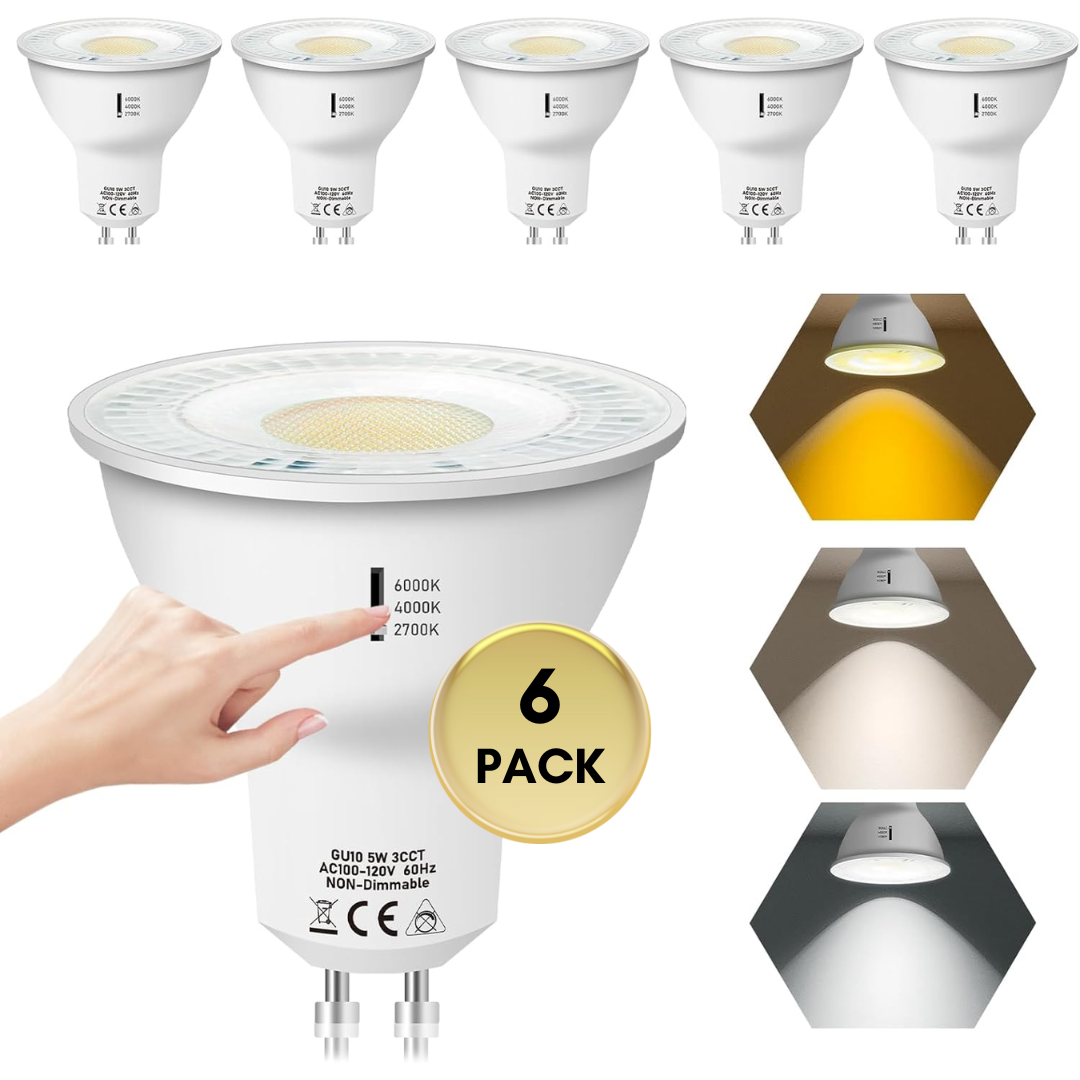 6-Pack MR16 5W 120V GU10 LED Bulbs 500LM 3CCT 2700K/4000K/6000K Non-Dimmable Energy Saving Light 120 Degree Beam Angle Line Voltage