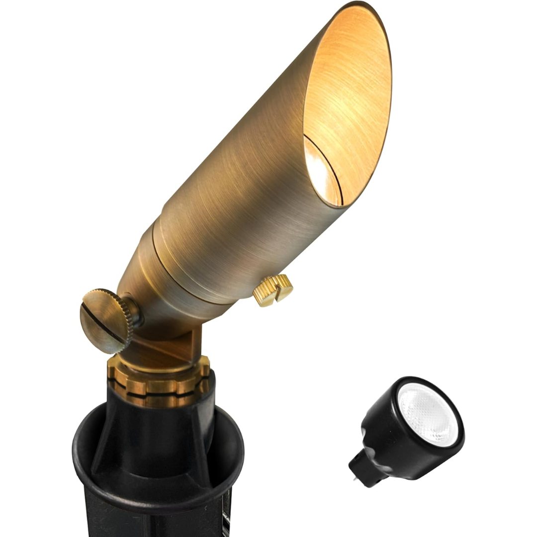 Outdoor Landscape Lighting LED 12V Low Voltage SPBA12 MR8 Mini Brass Spotlight with Adjustable Shroud Low Voltage Outdoor Lighting 1 Pack with 3W 2700K MR8 Bulb