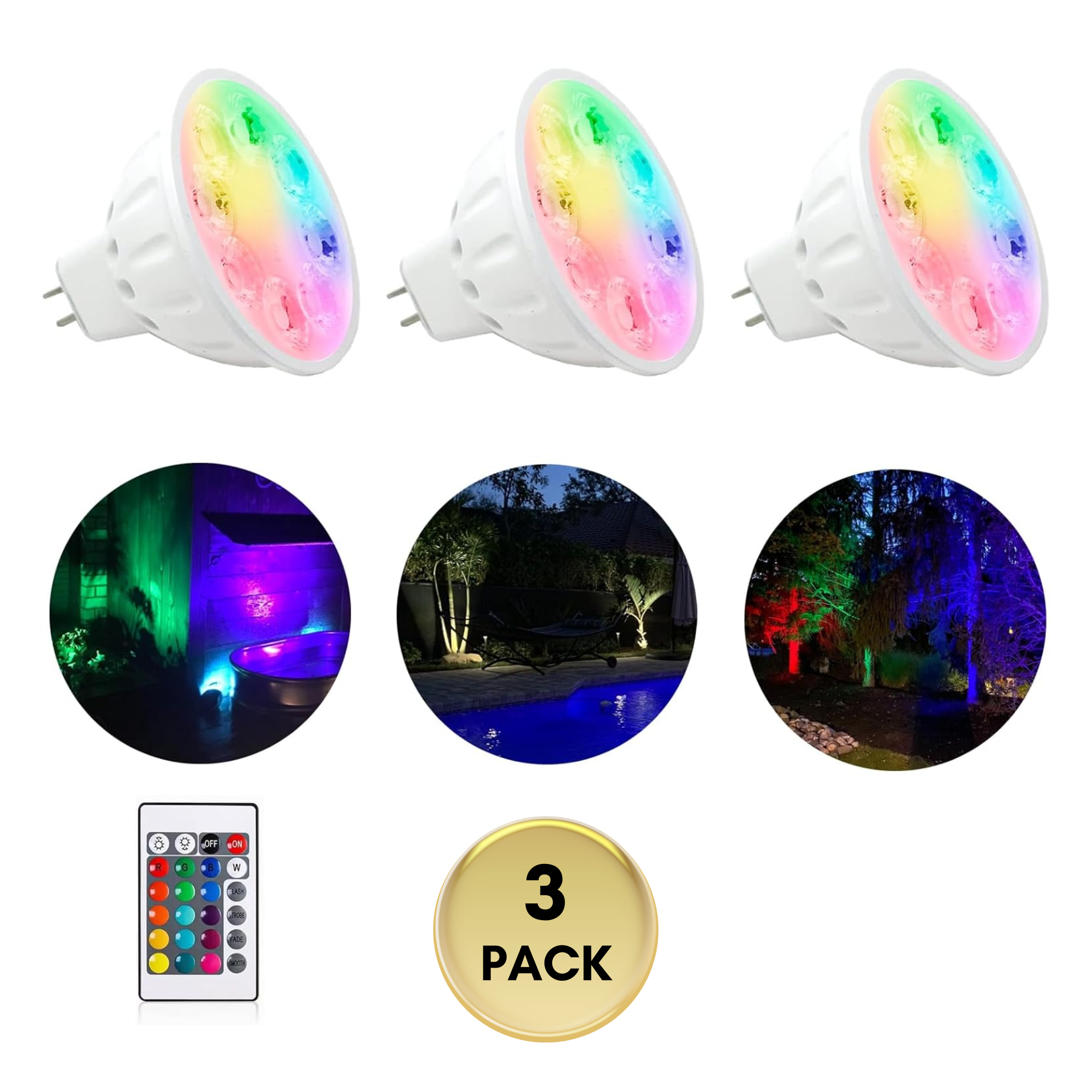 Outdoor Landscape Lighting LED 12V Low Voltage MR16 RGB Warm White + 15 Multicolor and 4-Level Brightness 5W, Energy-Saving, Color-Changing 12V Outdoor LED Light Bulb Compatible with Remote Control