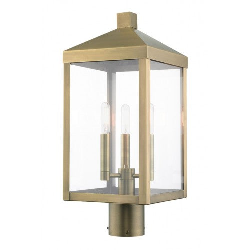 Nyack Outdoor Classics 1 E12 Candelabra Base Light Bulb Socket Medium Outdoor Post Top Lantern 8.25" x 8.25" x 19.5" Stainless Steel and Clear Glass with Antique Brass Finish 120V for Garden, Exterior Post - 20592-01
