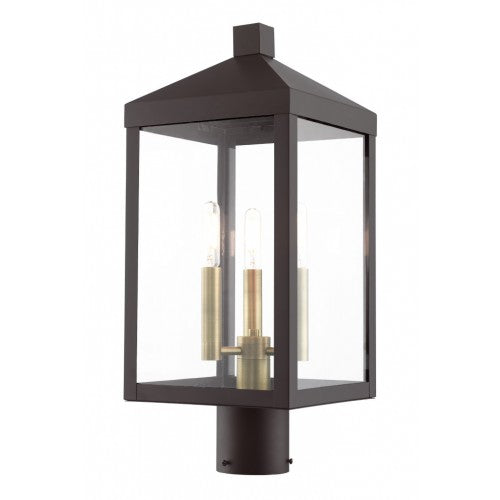 Nyack Outdoor Classics 1 E12 Candelabra Base Light Bulb Socket Medium Outdoor Post Top Lantern 8.25" x 8.25" x 19.5" Stainless Steel and Clear Glass with Bronze with Antique Brass Cluster Finish 120V for Garden, Exterior Post - 20592-07