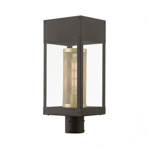 Franklin Medium Base Light Bulb Socket Outdoor Post Top Lantern 7" x 8" x 19" Stainless Steel and Soft Gold Mesh Cylinder and Clear Glass 120V for Garden, Exterior Post 20763-07