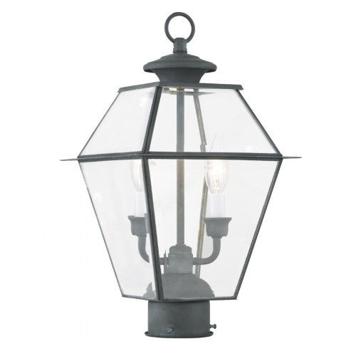 Westover Candelabra Base Light Bulb Socket Medium Outdoor Post Top Lantern 9" x 9" x 16.5"  Hand Crafted Solid Brass and Clear Beveled Glass, Charcoal Finish 120V for Garden, Exterior Post - 2284-61