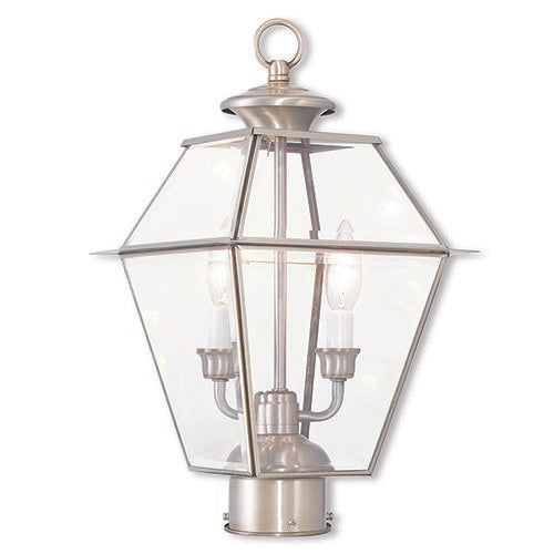 Westover Candelabra Base Light Bulb Socket Medium Outdoor Post Top Lantern 9" x 9" x 16.5"  Hand Crafted Solid Brass and Clear Beveled Glass, Brushed Nickel Finish 120V for Garden, Exterior Post - 2284-91