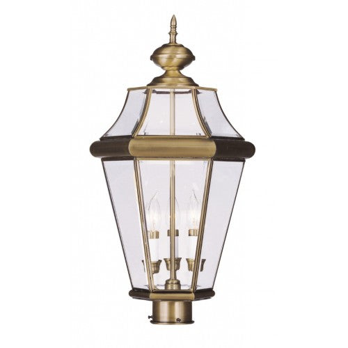 Georgetown Candelabra Base Light Bulb Socket Outdoor Post Top Lantern 23.25" x 13"  Hand Crafted Solid Brass and Clear Beveled Glass, Antique Brass Finish 120V for Garden, Exterior Post - 2364-01