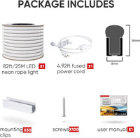 SLN06 Dotless Neon LED Strip Light 110-130V 8mm (W) x 16mm (H) IP65 Outdoor Rated Dimmable High Voltage Silicone Strip Light with Mounting Clips, Screws with Power Cable