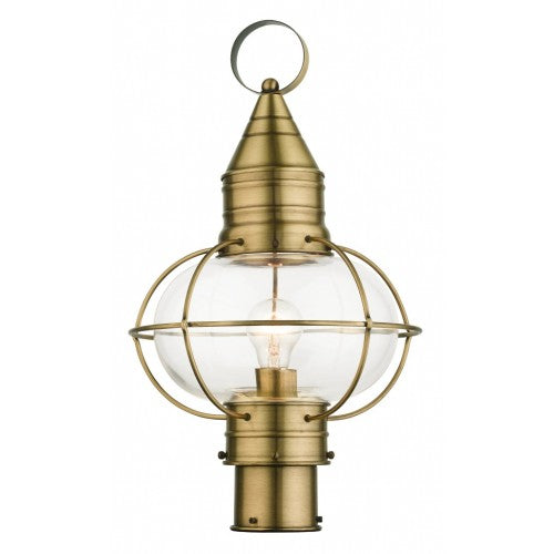 Newburyport Medium Base 1 Light Bulb Socket Large Outdoor Post Top Lantern 19.75" x 11" Solid Brass and Hand Blown Clear Glass, Antique Brass Finish 120V for Garden, Exterior Post - 26905-01