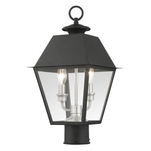 Mansfield Candelabra Base 2 Light Bulb Sockets Medium Outdoor Post Top Lantern 9" x 9" x 16.5" Solid Brass and Clear Glass, Black Finish 120V for Garden, Exterior Post - 27216-04