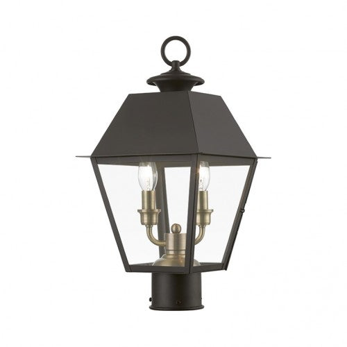 Wentworth Candelabra Base 2 Light Bulb Sockets Outdoor Medium Post Top Lantern 9" Sq x 17.5" H Solid Brass and Clear Glass, Bronze with Antique Brass Finish Cluster 120V for Garden, Exterior Post - 27216-07