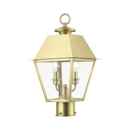 Wentworth Candelabra Base 2 Light Bulb Sockets Outdoor Medium Post Top Lantern 9" Sq x 17.5" H Solid Brass and Clear Glass, Natural Brass Finish 120V for Garden, Exterior Post - 27216-08