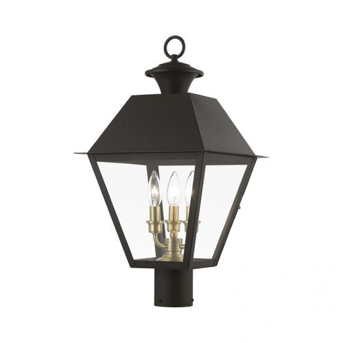 Wentworth Candelabra Base 3 Light Bulb Sockets Outdoor Large Post Top Lantern 12" Sq. x 22" Solid Brass and Clear Glass, Bronze with Antique Brass Finish Cluster 120V for Garden, Exterior Post - 27219-07