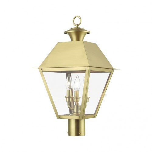 Wentworth Candelabra Base 3 Light Bulb Sockets Outdoor Large Post Top Lantern 12" Sq. x 22" Solid Brass and Clear Glass, Natural Brass Finish 120V for Garden, Exterior Post - 27219-08