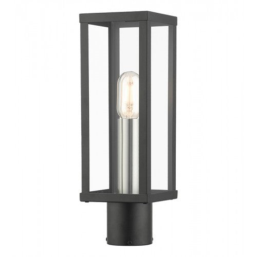 Gaffney Medium Base 1 Light Bulb Sockets Outdoor Post Top Lantern 15.5" x 5" Sq. Stainless Steel and Clear Glass, Black with Brushed Nickel Finish Accents 120V for Garden, Exterior Post - 28034-04