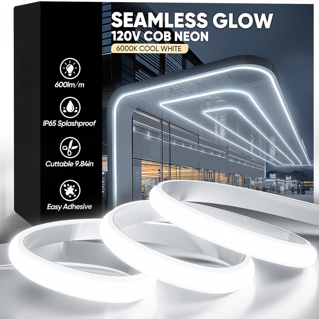 SLN10 Dotless Neon LED Strip Light 110-130V 3W/ft IP65 Outdoor Rated Dimmable High Voltage Slim 7x10mm Silicone Strip Light with Mounting Clips, Connector and Screws with Power Supply