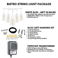 SL101 LED Low Voltage Bistro String Lights 48 FT Outdoor Weatherproof 12V Edison Bulbs with 100W DC Transformer and 55ft Hanging Kit Package Deal