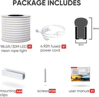 SLN06 Dotless Neon LED Strip Light 110-130V 8mm (W) x 16mm (H) IP65 Outdoor Rated Dimmable High Voltage Silicone Strip Light with Mounting Clips, Screws with Power Cable