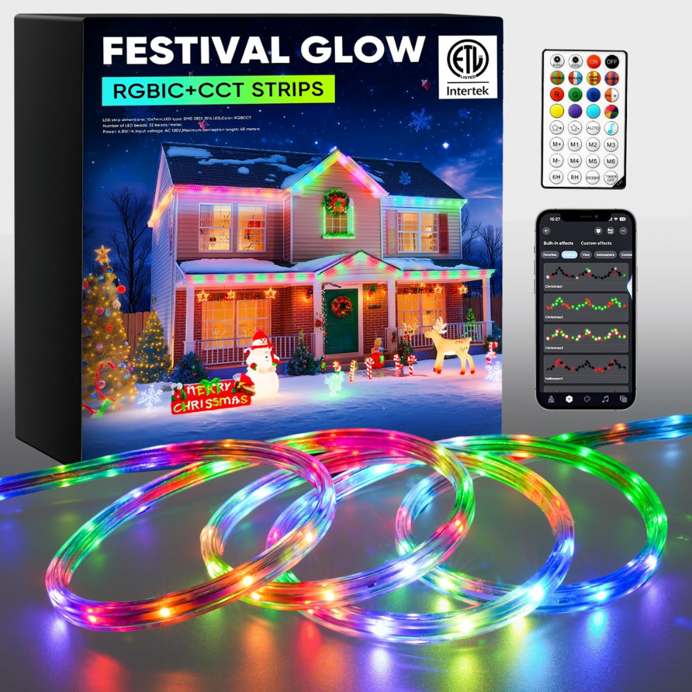 SLNR16 Dotted Neon RGBIC+CCT LED Strip Light 110V IP65 Outdoor Rated Dimmable High Voltage Flat Flexible Strip Light , Mounting Brackets, End Cap, Screws, Remote Control and Power Supply