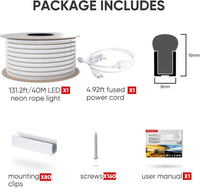 SLN06 Dotless Neon LED Strip Light 110-130V 8mm (W) x 16mm (H) IP65 Outdoor Rated Dimmable High Voltage Silicone Strip Light with Mounting Clips, Screws with Power Cable