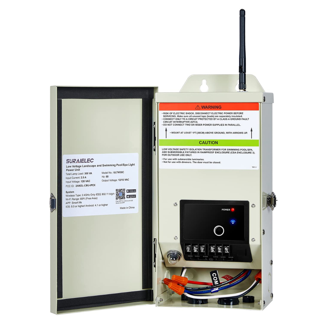 Outdoor Landscape Lighting LED 12V Low Voltage TSWP 100W/300W AC Pool Rated Digital Smart Wi-Fi 2.4Ghz 12V/15V Multi-Tap, Low Voltage Outdoor Stainless Steel Transformer with Photocell & Timer 300W AC