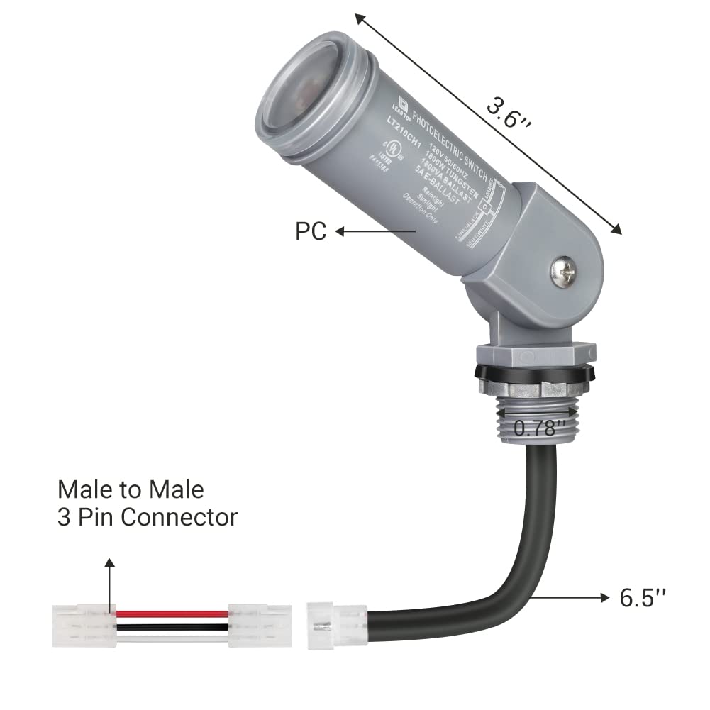 Outdoor Landscape Lighting LED 12V Low Voltage PCS02 Photocell Sensor Switch, 120V AC Outdoor Swivel Mount, Dusk to Dawn Sensor, Automatic Illumination Detection Circuit, 3 Pin Male to Male Connector Included, UL Listed