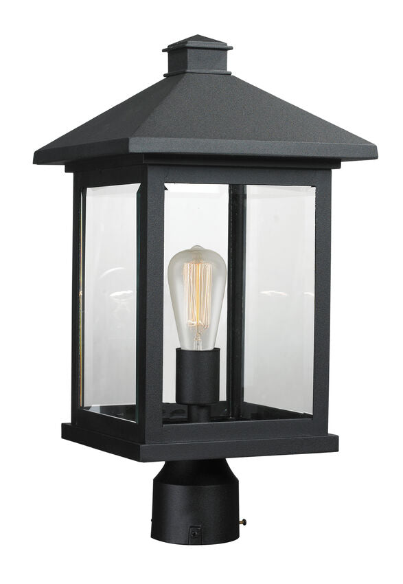 Portland 531PHBR Outdoor Post Mounted Fixture Post Head Lights 9.5" x 9.5" x 18.5" Black Aluminum Clear Beveled Glass Line Voltage Medium 120V 1 E26 Base Socket for Garden, Exterior Lighting