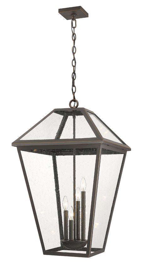 Talbot 579CHXLX 4 Lights Outdoor Chain Mount Ceiling Hanging Pendant Fixture 19.5" x 19.5" x 32.25" Oil Rubbed Bronze Stainless Steel and Iron Clear Seedy Glass Line Voltage Candelabra 120V 4 E12 Base Sockets for Garden, Exterior Lighting