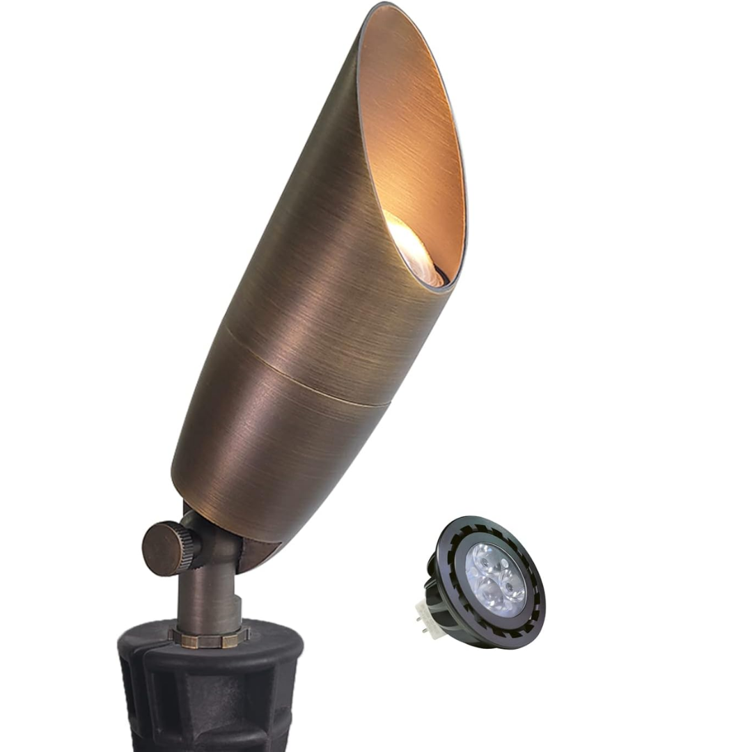 Outdoor Landscape Lighting LED 12V Low Voltage SPBA19 MR16 Natural Brass Spotlight Package 12V AC/DC Low Voltage Outdoor Lighting with 5W 2700K Warm White Bulb 1 Pack with 5W 2700K MR16 Bulb