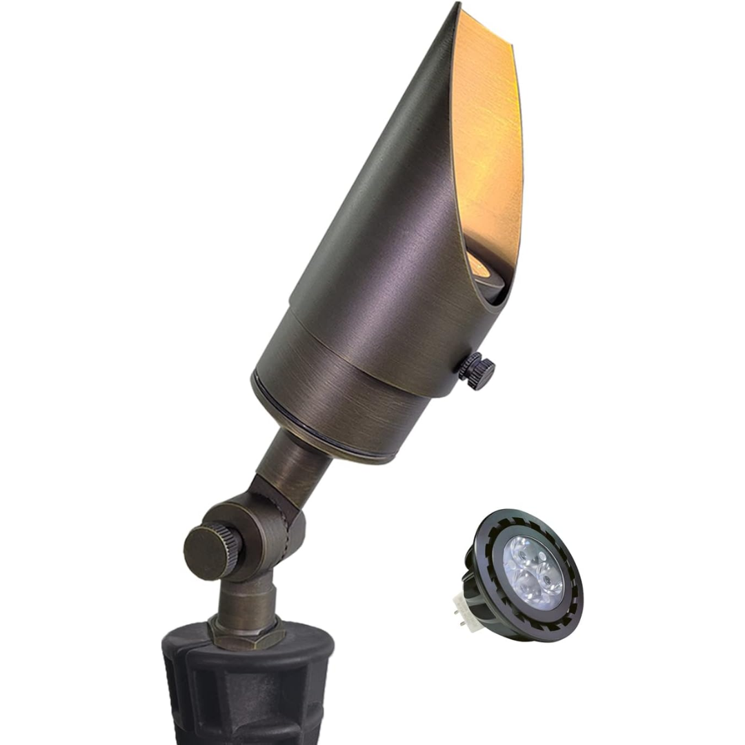 Outdoor Landscape Lighting LED 12V Low Voltage SPBA13 MR16 Brass Spotlight Package with Adjustable Shroud 12V AC/DC Low Voltage Outdoor Lighting with 5W 2700K Warm White Bulb 1 Pack with 5W 2700K MR16 Bulb