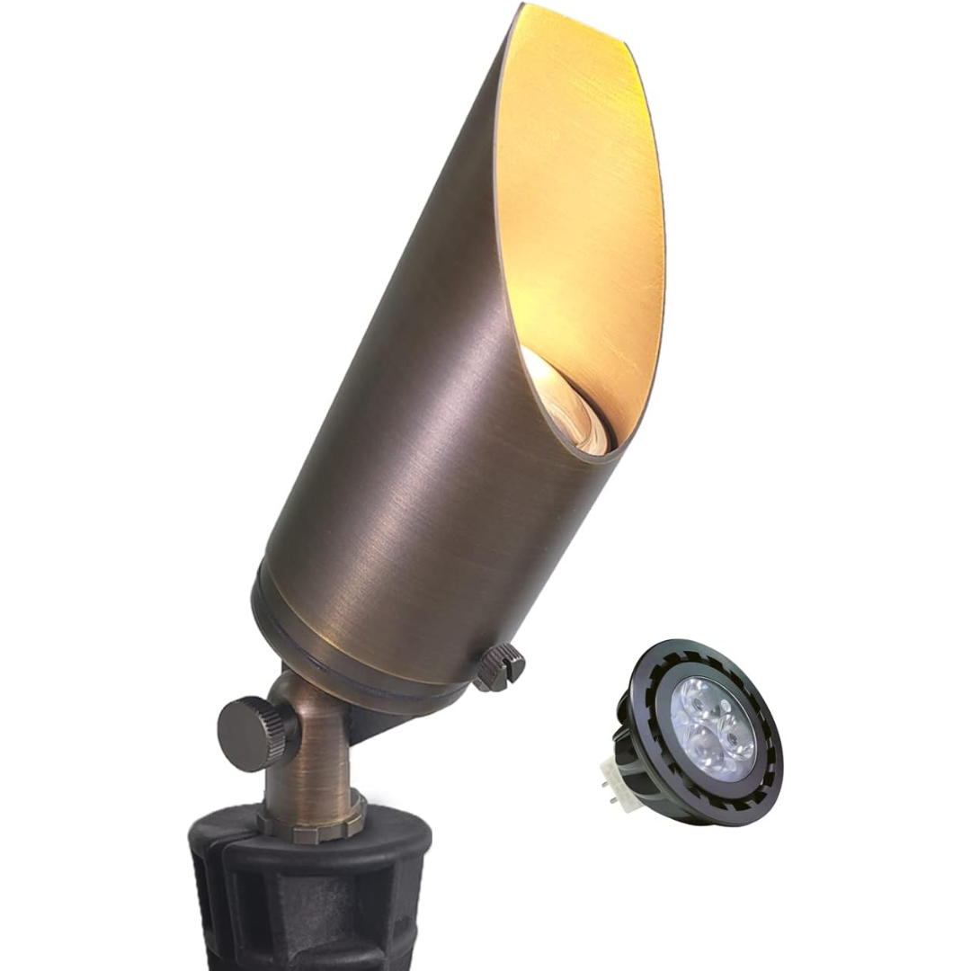 Outdoor Landscape Lighting LED 12V Low Voltage SPBA14 MR16 Brass Spotlight Package with Adjustable Shroud 12V AC/DC Low Voltage Outdoor Lighting with 5W 2700K Warm White Bulb 1 Pack with 5W 2700K MR16 Bulb