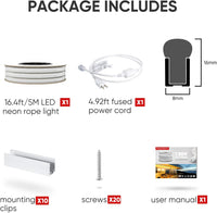 SLN06 Dotless Neon LED Strip Light 110-130V 8mm (W) x 16mm (H) IP65 Outdoor Rated Dimmable High Voltage Silicone Strip Light with Mounting Clips, Screws with Power Cable