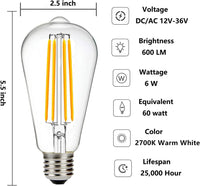 E26 6W 12V-36V 2700K/3000K/6000K AC/DC LED Filament Edison Bulbs Package Dimmable Energy Saving Low Voltage Light Bulb