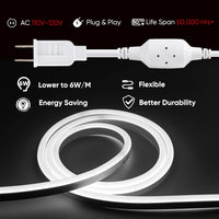 SLN06 Dotless Neon LED Strip Light 110-130V 8mm (W) x 16mm (H) IP65 Outdoor Rated Dimmable High Voltage Silicone Strip Light with Mounting Clips, Screws with Power Cable