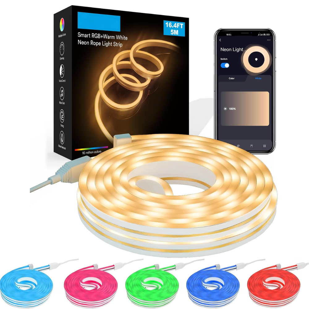 Outdoor Landscape Lighting LED 12V Low Voltage SLNR09 Dotless COB Smart Wi-Fi Bluetooth RGBW 16.4ft Neon LED Strip Light DC12V IP65 Outdoor Rated Dimmable Low Voltage Silicone Strip Light with Mounting Clips, Screws, Power Adapter and Voice Control