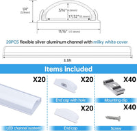 AC12 U-Shaped Rectangular Flexible Black and Silver Finish Aluminum Channel with Frosted Plastic Cover 3.3FT/1M For Max 12mm Width LED Strip Lights Pack of 6/10/20
