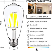 E26 6W 12V-36V 2700K/3000K/6000K AC/DC LED Filament Edison Bulbs Package Dimmable Energy Saving Low Voltage Light Bulb