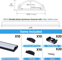 AC12 U-Shaped Rectangular Flexible Black and Silver Finish Aluminum Channel with Frosted Plastic Cover 3.3FT/1M For Max 12mm Width LED Strip Lights Pack of 6/10/20