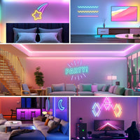 SLNR08 Dotless COB Smart Bluetooth RGB-IC Neon LED Strip Light DC24V IP67 Outdoor Rated Dimmable Low Voltage Silicone Strip Light with Mounting Clips, Screws, Power Adapter and Remote Control