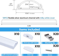 AC12 U-Shaped Rectangular Flexible Black and Silver Finish Aluminum Channel with Frosted Plastic Cover 3.3FT/1M For Max 12mm Width LED Strip Lights Pack of 6/10/20
