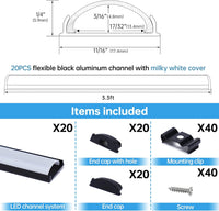 AC12 U-Shaped Rectangular Flexible Black and Silver Finish Aluminum Channel with Frosted Plastic Cover 3.3FT/1M For Max 12mm Width LED Strip Lights Pack of 6/10/20