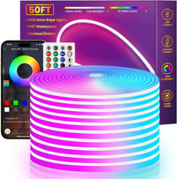 SLNR08 Dotless COB Smart Bluetooth RGB-IC Neon LED Strip Light DC24V IP67 Outdoor Rated Dimmable Low Voltage Silicone Strip Light with Mounting Clips, Screws, Power Adapter and Remote Control