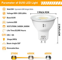 6-Pack MR16 5W 120V GU10 LED Bulbs 500LM 3CCT 2700K/4000K/6000K Non-Dimmable Energy Saving Light 120 Degree Beam Angle Line Voltage