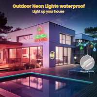 SLNR08 Dotless COB Smart Bluetooth RGB-IC Neon LED Strip Light DC24V IP67 Outdoor Rated Dimmable Low Voltage Silicone Strip Light with Mounting Clips, Screws, Power Adapter and Remote Control