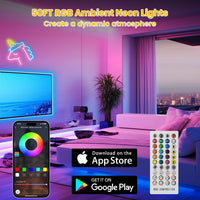 SLNR08 Dotless COB Smart Bluetooth RGB-IC Neon LED Strip Light DC24V IP67 Outdoor Rated Dimmable Low Voltage Silicone Strip Light with Mounting Clips, Screws, Power Adapter and Remote Control