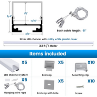 AC15 Spotless Aluminum Channel with Hanging Wire 3.3FT/1M For Max 17mm Width LED Strip Lights Pack of 5 and 10